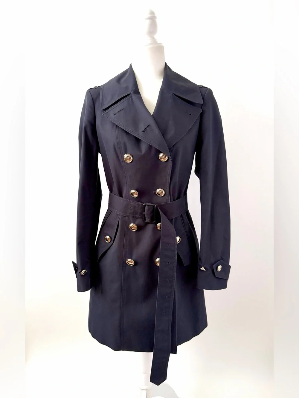 BURBERRY | Double Breasted Navy Cotton
Trench Coat Gold Buttons Belted US 6 - Picture 2 of 8